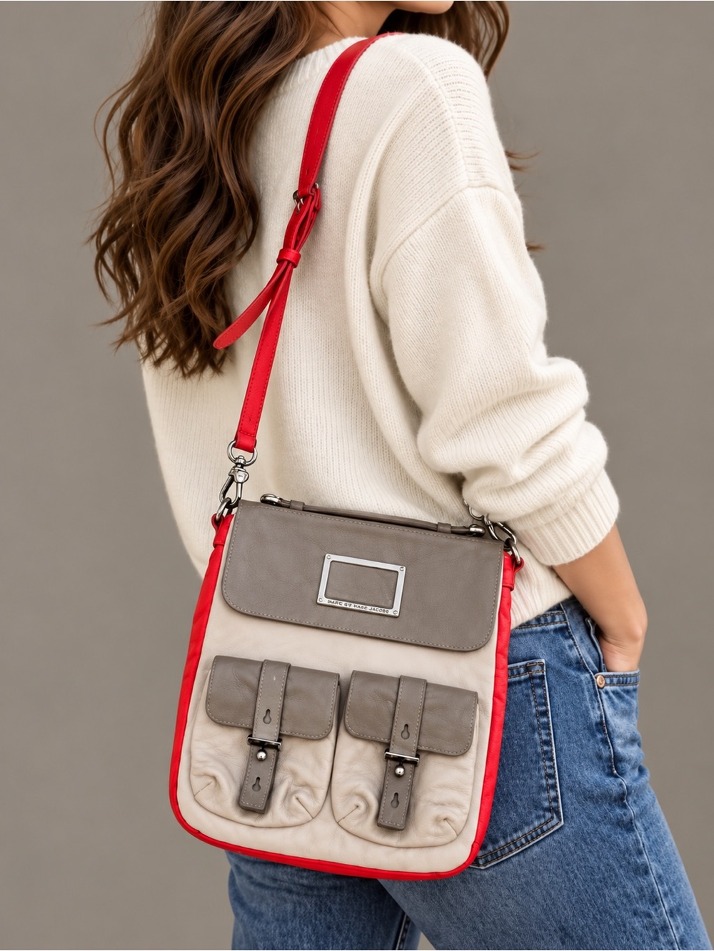 Marc by Marc Jacobs Two-Tone Leather Crossbody Bag Red Gray Cream Vintage Y2K